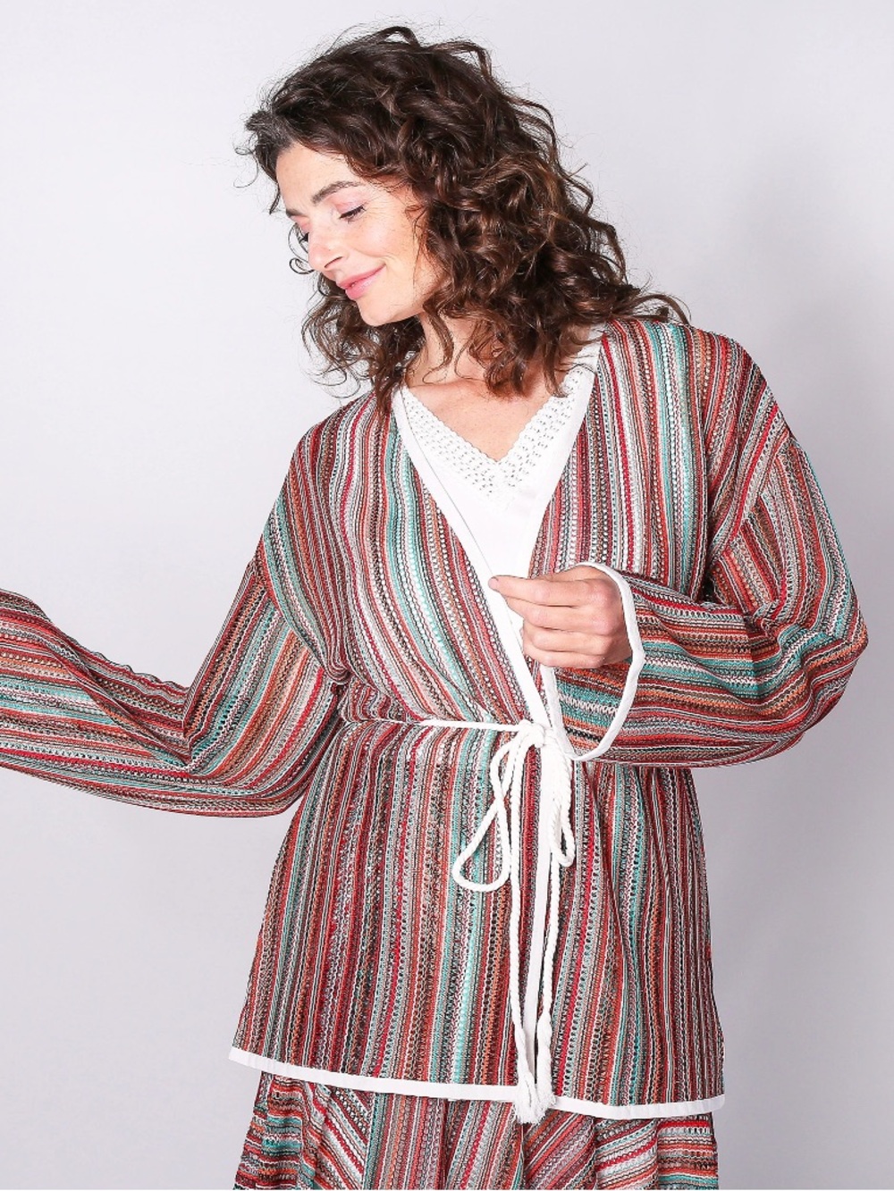 Crystal Kobe Kimono‎ Striped Open-Front Swim Coverup Multicolor Size Medium